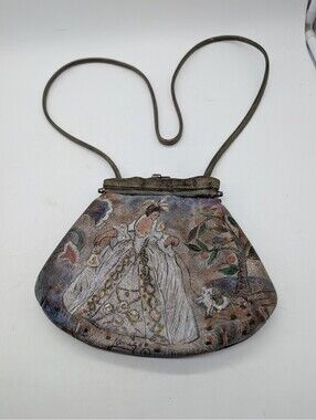 Vintage Jane Yoo Hand Painted Leather Wearable Art Frame Bag Lady & Pig Cart